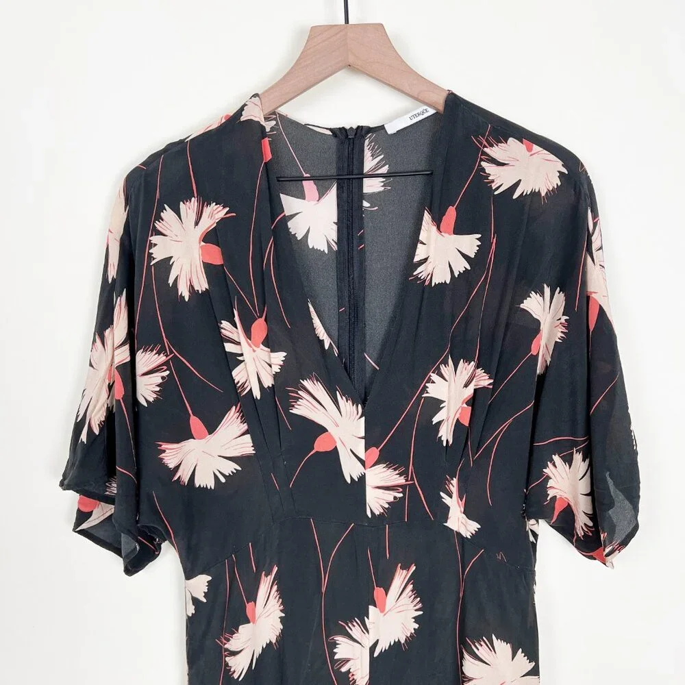 100% Mulberry Silk Wide Leg Jumpsuit Pleated Floral Relaxed Fit & Flare V-Neck - Picture 6 of 12